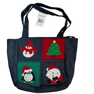 NWT D'Margeaux Blue Denim Tote Bag with Holiday/Christmas Applique Patches